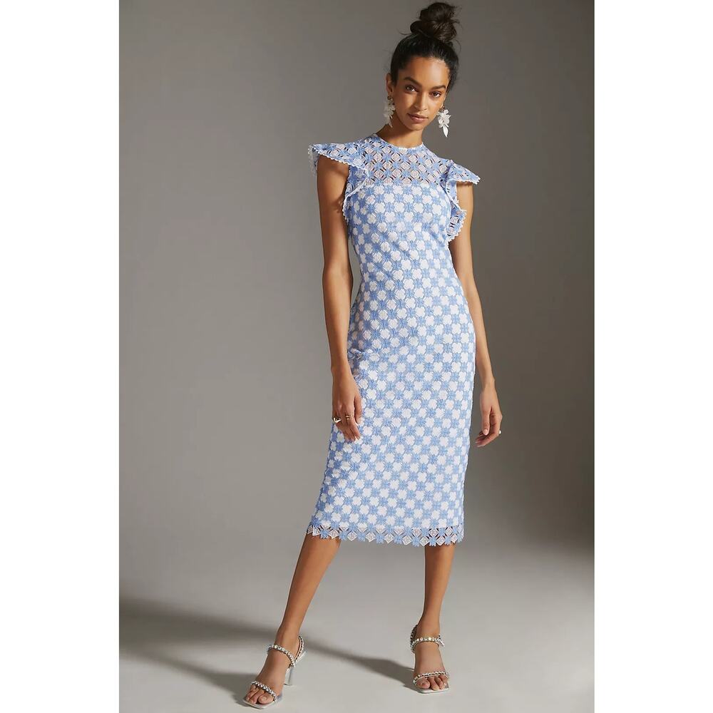 SHOSHANNA Rachel Ruffle Lace Midi Dress Size 12 Blue & White Wedding Guest - Picture 1 of 14